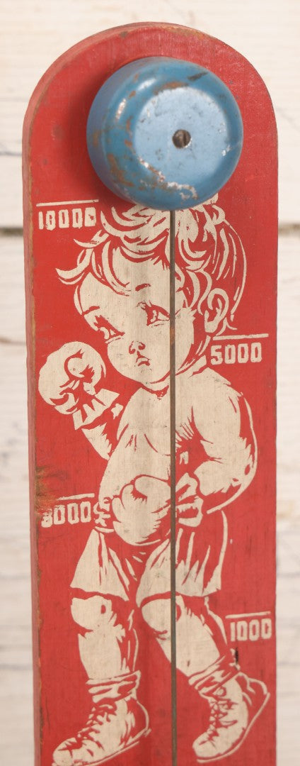 Lot 053 - Vintage Painted Wood "High Striker" Or "Strongman" Carnival Style Tabletop Toy With Young Boy Boxer And Finger Operated Bell Ringer, Circa 1950