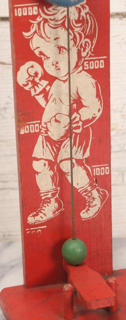 Lot 053 - Vintage Painted Wood "High Striker" Or "Strongman" Carnival Style Tabletop Toy With Young Boy Boxer And Finger Operated Bell Ringer, Circa 1950
