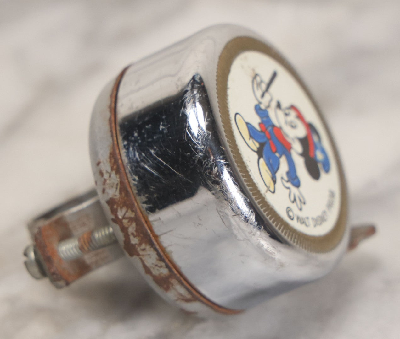 Lot 055 - Vintage Mickey Mouse Magician Chrome Bicycle Bell With Handlebar Clamp, Copyright Walt Disney Productions, Made In Germany, Ringer Functions
