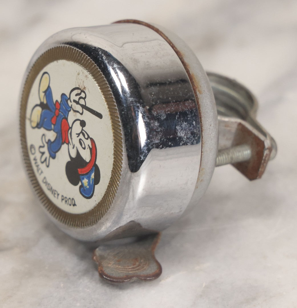 Lot 055 - Vintage Mickey Mouse Magician Chrome Bicycle Bell With Handlebar Clamp, Copyright Walt Disney Productions, Made In Germany, Ringer Functions