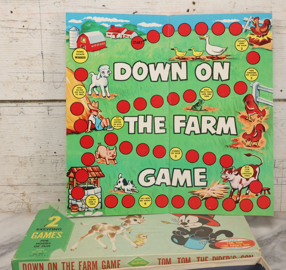 Lot 060 - "Felix The Cat's Down On The Farm" Vintage Board Game By Warren Built-Rite Games, Missing All Pieces But Boards