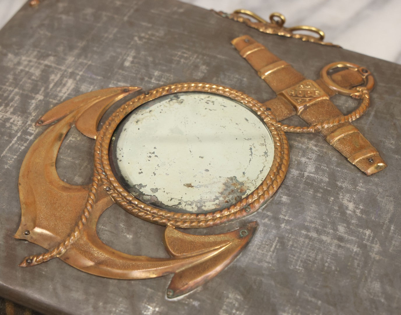 Lot 061 - Antique Victorian Photo Album With Tin Cover And Pressed Brass Anchor "Hope" Motif With Worn Beveled Glass Mirror, And Green Velvet Backing Containing 40+ Cabinet Card And Other Photographs