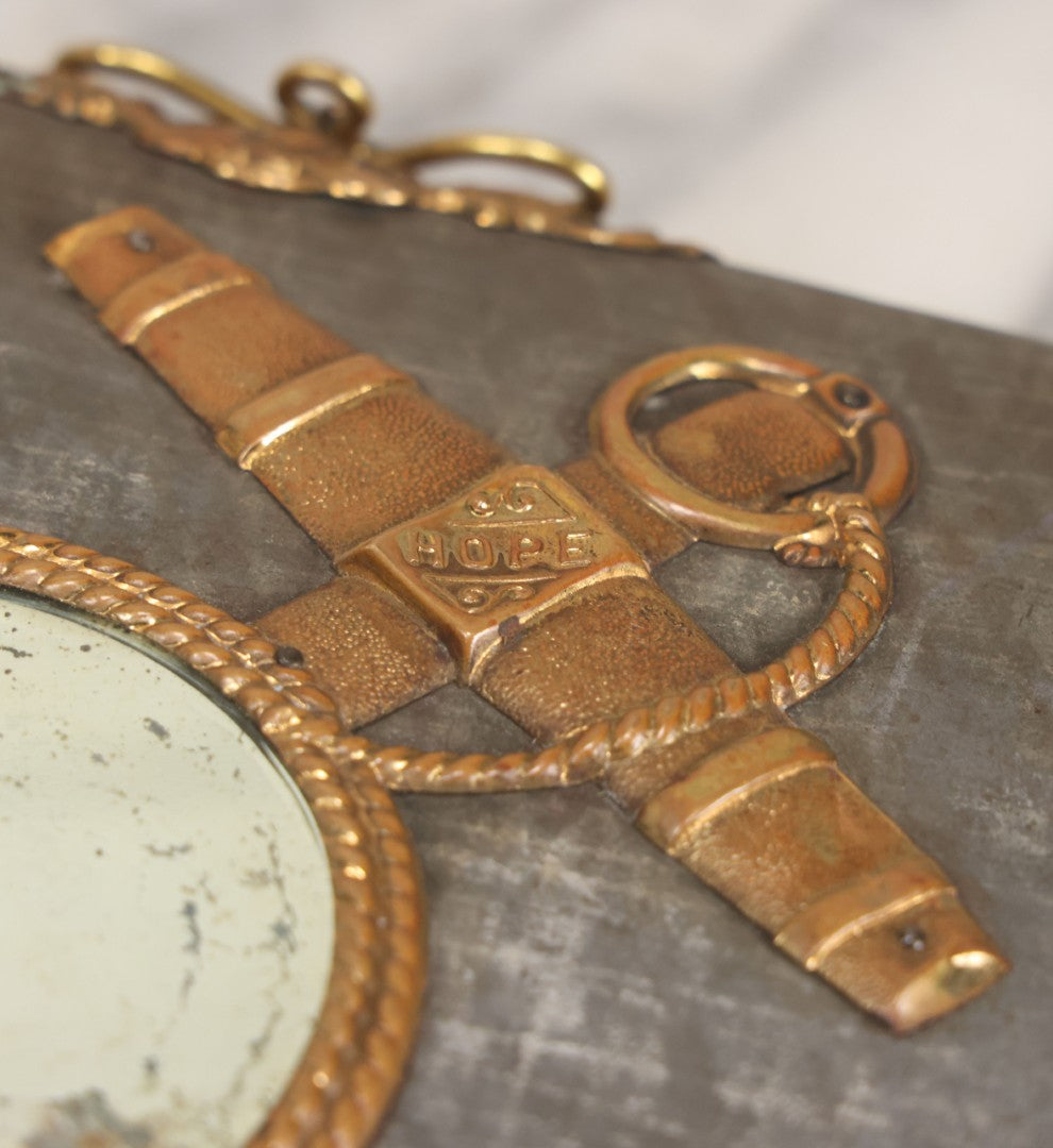 Lot 061 - Antique Victorian Photo Album With Tin Cover And Pressed Brass Anchor "Hope" Motif With Worn Beveled Glass Mirror, And Green Velvet Backing Containing 40+ Cabinet Card And Other Photographs