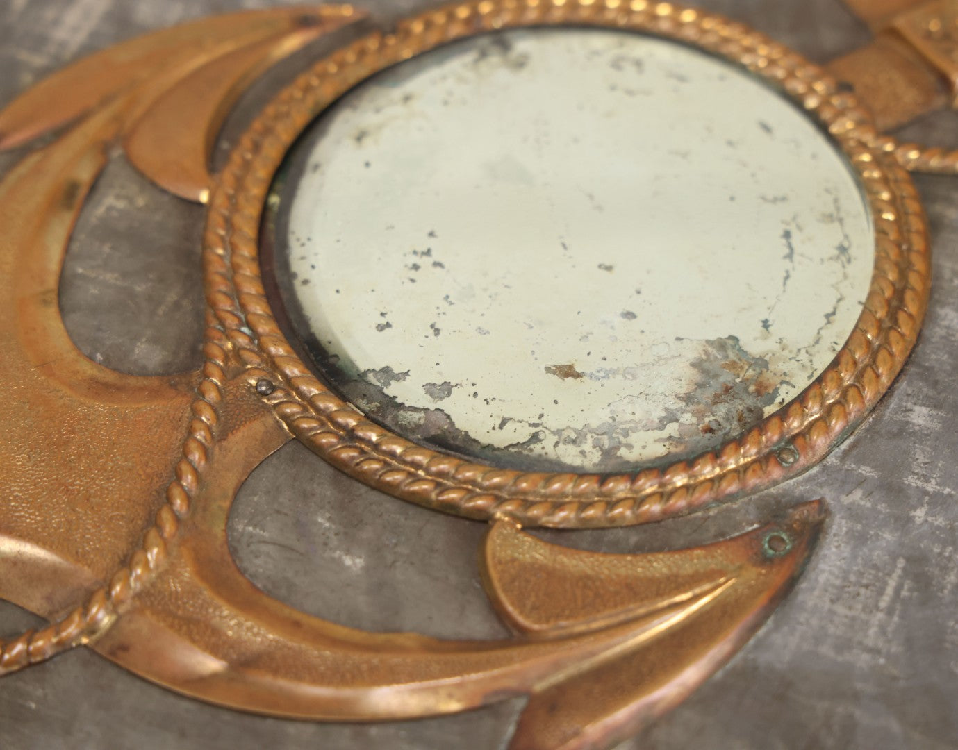 Lot 061 - Antique Victorian Photo Album With Tin Cover And Pressed Brass Anchor "Hope" Motif With Worn Beveled Glass Mirror, And Green Velvet Backing Containing 40+ Cabinet Card And Other Photographs