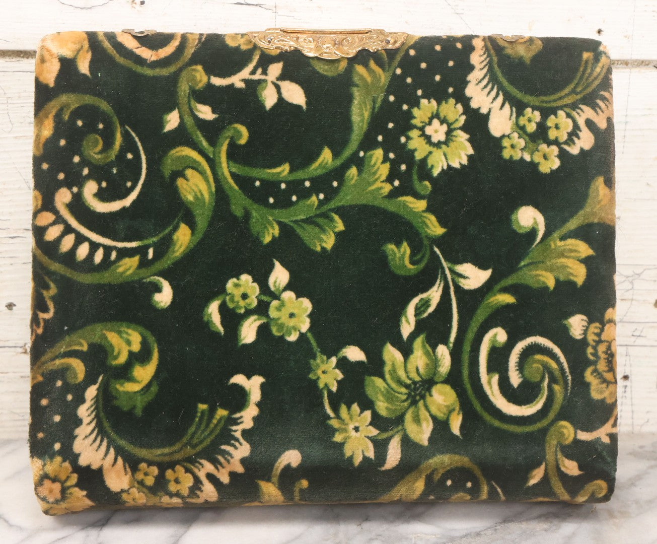 Lot 061 - Antique Victorian Photo Album With Tin Cover And Pressed Brass Anchor "Hope" Motif With Worn Beveled Glass Mirror, And Green Velvet Backing Containing 40+ Cabinet Card And Other Photographs