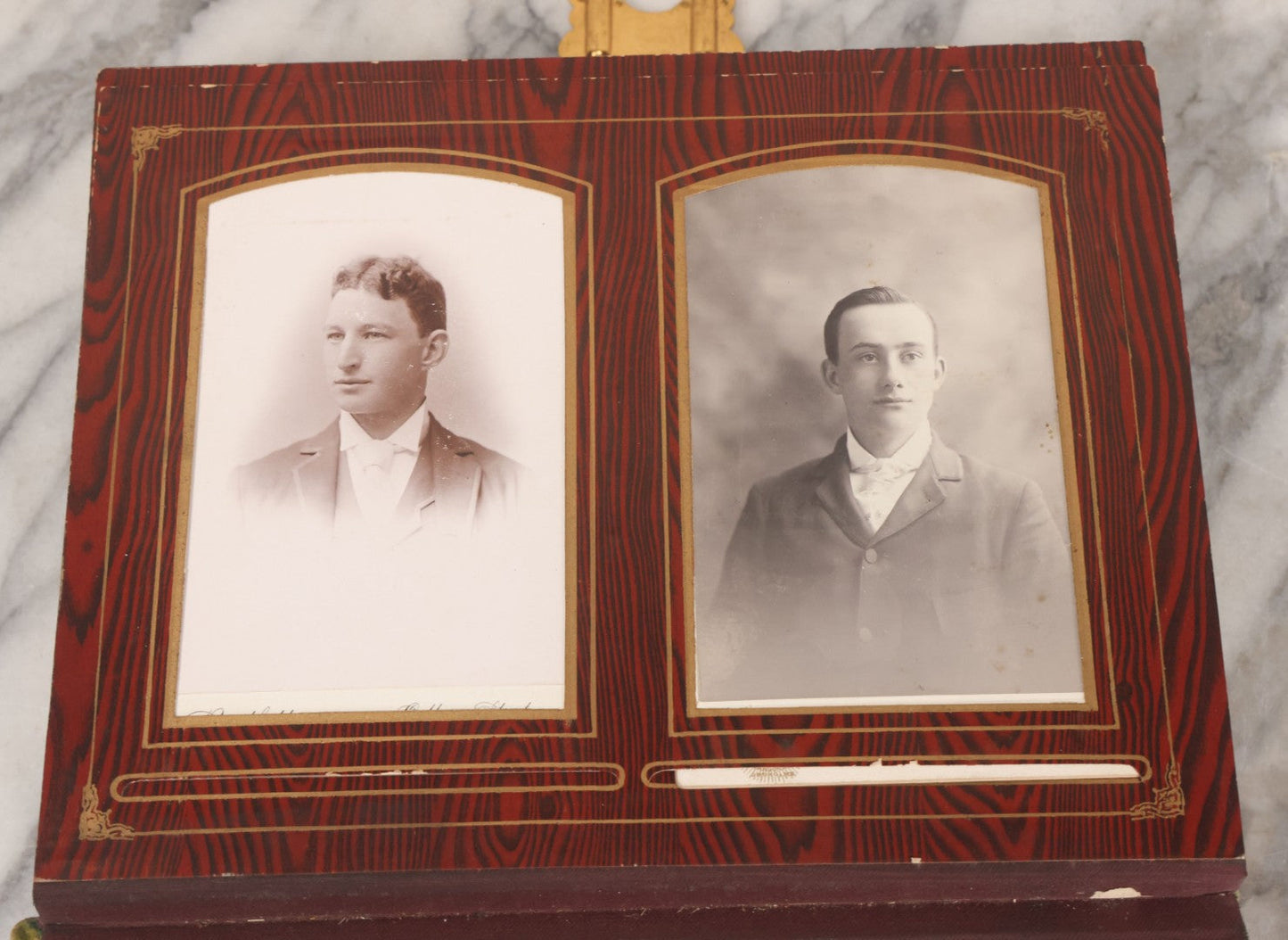 Lot 061 - Antique Victorian Photo Album With Tin Cover And Pressed Brass Anchor "Hope" Motif With Worn Beveled Glass Mirror, And Green Velvet Backing Containing 40+ Cabinet Card And Other Photographs