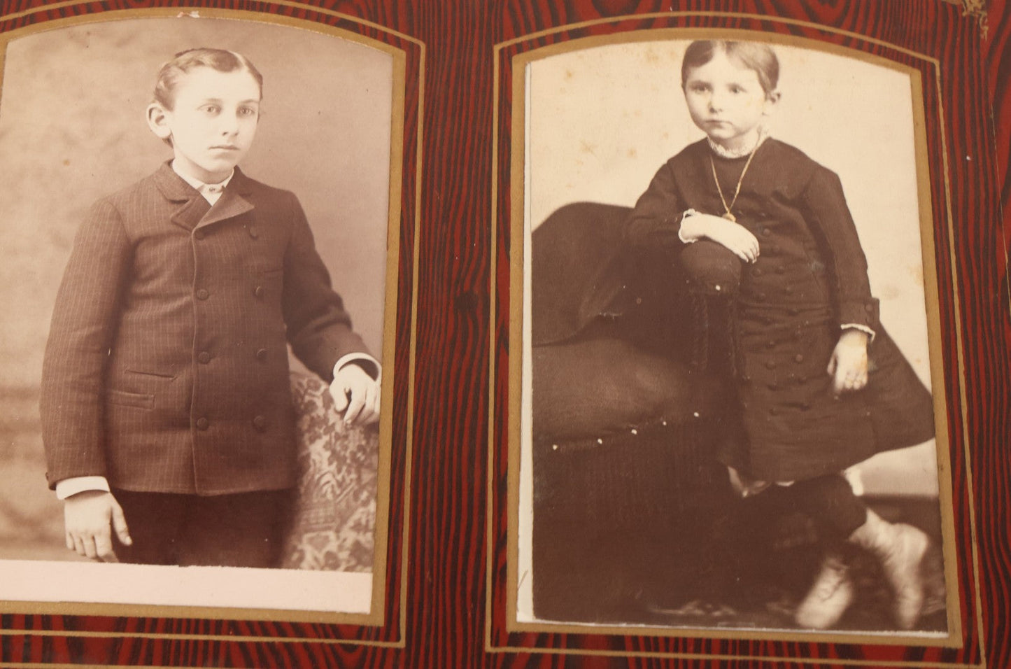 Lot 061 - Antique Victorian Photo Album With Tin Cover And Pressed Brass Anchor "Hope" Motif With Worn Beveled Glass Mirror, And Green Velvet Backing Containing 40+ Cabinet Card And Other Photographs