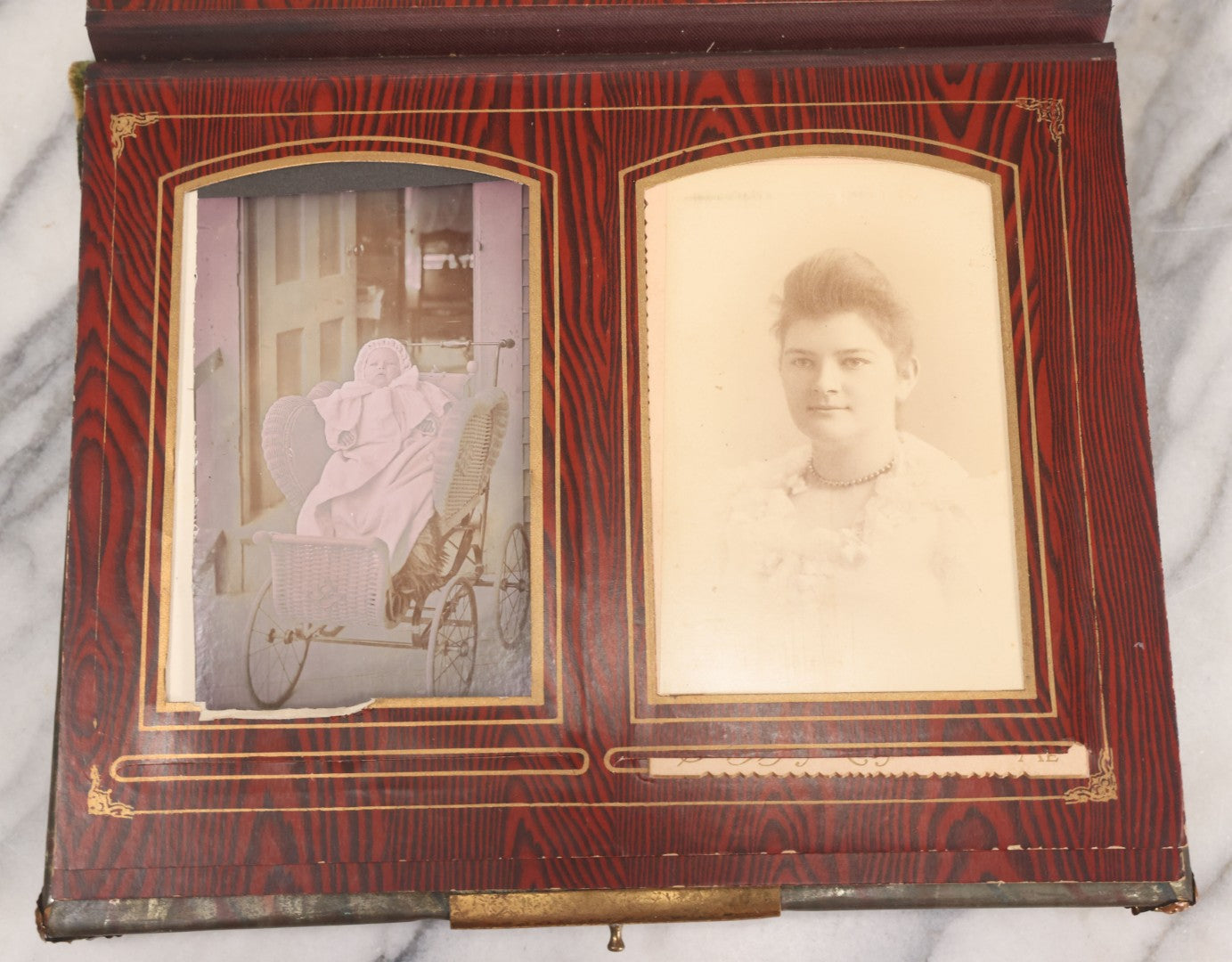 Lot 061 - Antique Victorian Photo Album With Tin Cover And Pressed Brass Anchor "Hope" Motif With Worn Beveled Glass Mirror, And Green Velvet Backing Containing 40+ Cabinet Card And Other Photographs