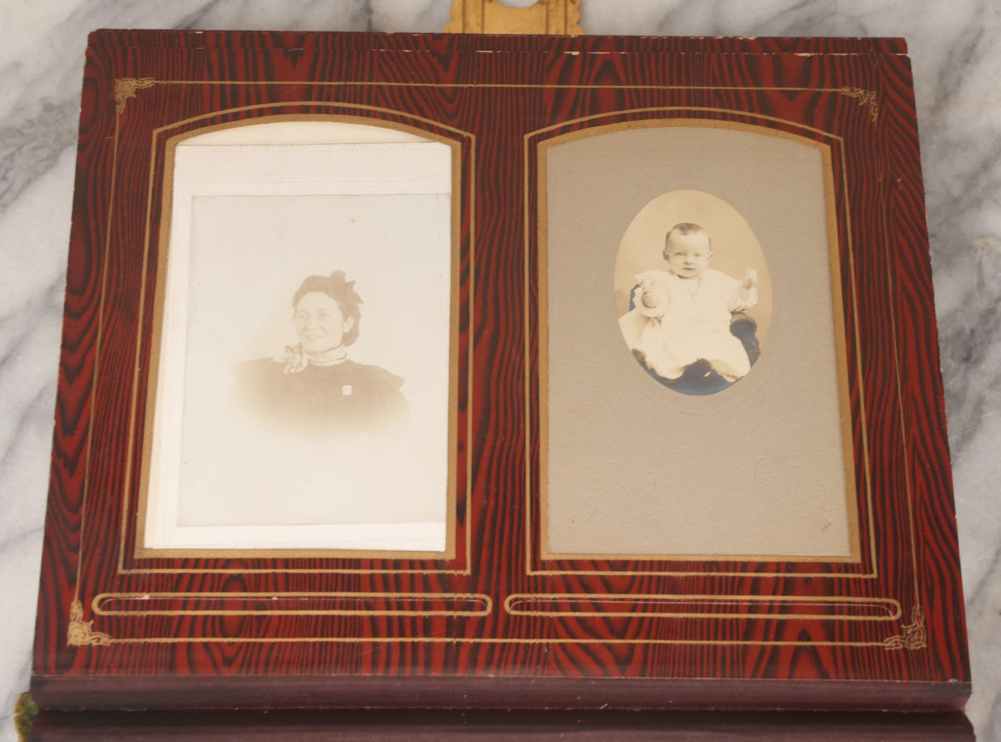 Lot 061 - Antique Victorian Photo Album With Tin Cover And Pressed Brass Anchor "Hope" Motif With Worn Beveled Glass Mirror, And Green Velvet Backing Containing 40+ Cabinet Card And Other Photographs