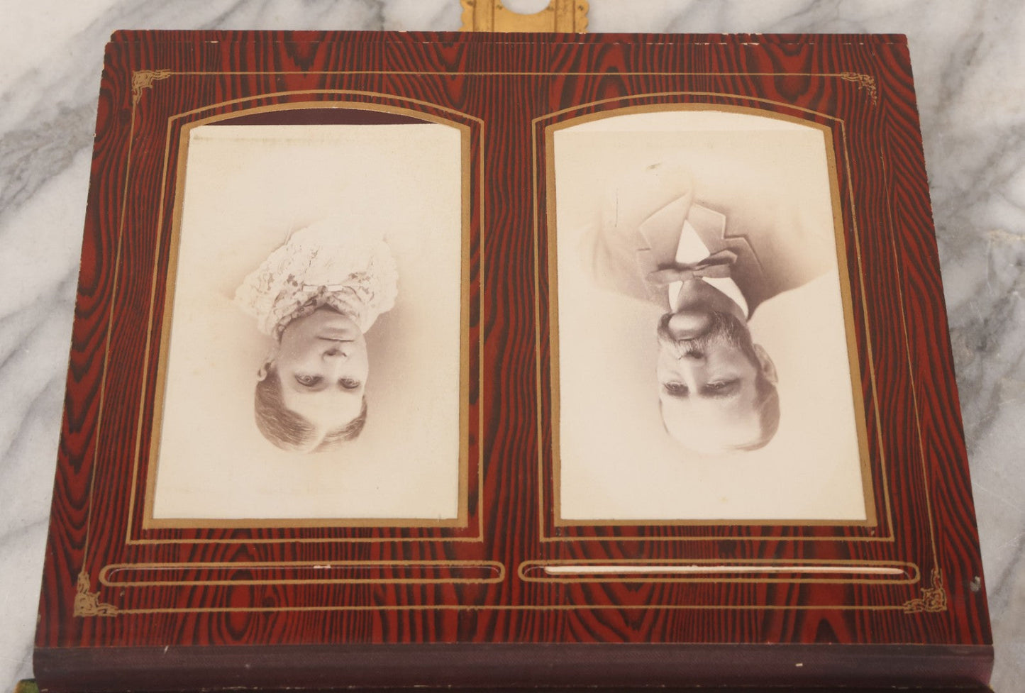 Lot 061 - Antique Victorian Photo Album With Tin Cover And Pressed Brass Anchor "Hope" Motif With Worn Beveled Glass Mirror, And Green Velvet Backing Containing 40+ Cabinet Card And Other Photographs