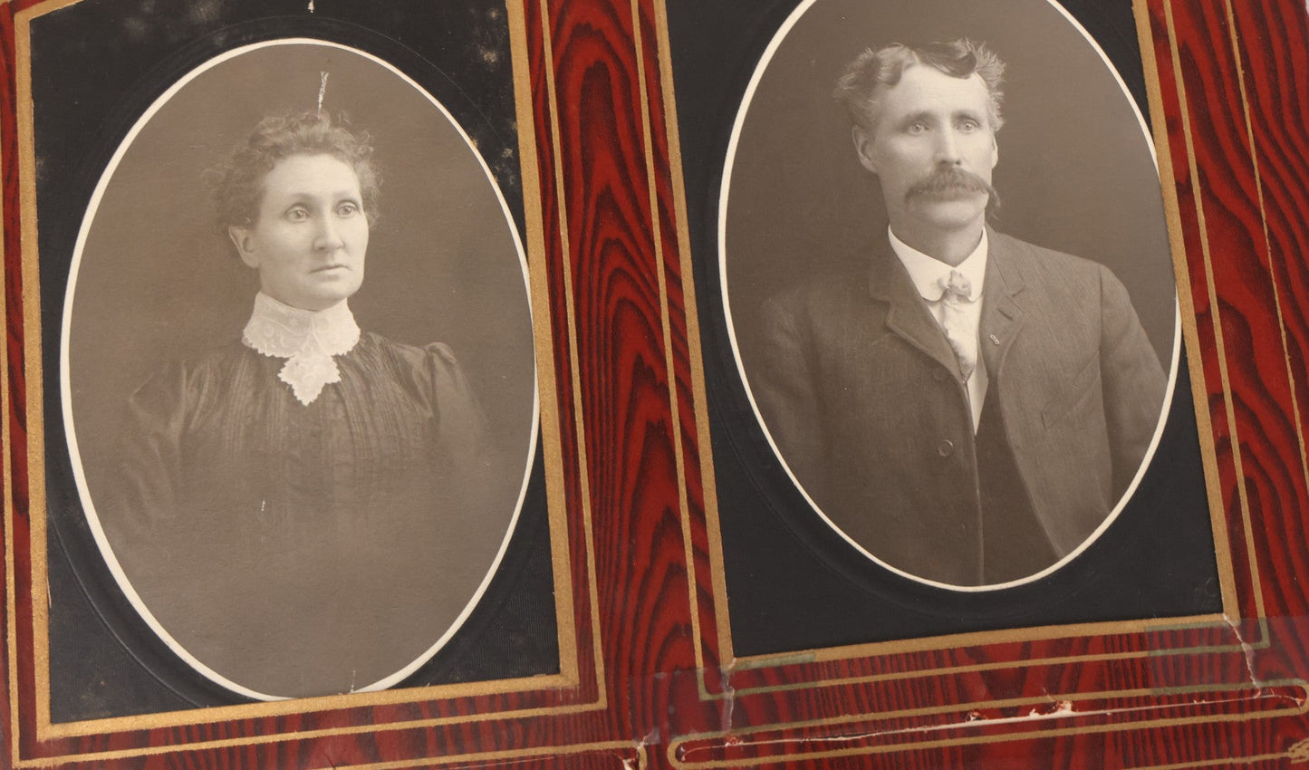 Lot 061 - Antique Victorian Photo Album With Tin Cover And Pressed Brass Anchor "Hope" Motif With Worn Beveled Glass Mirror, And Green Velvet Backing Containing 40+ Cabinet Card And Other Photographs