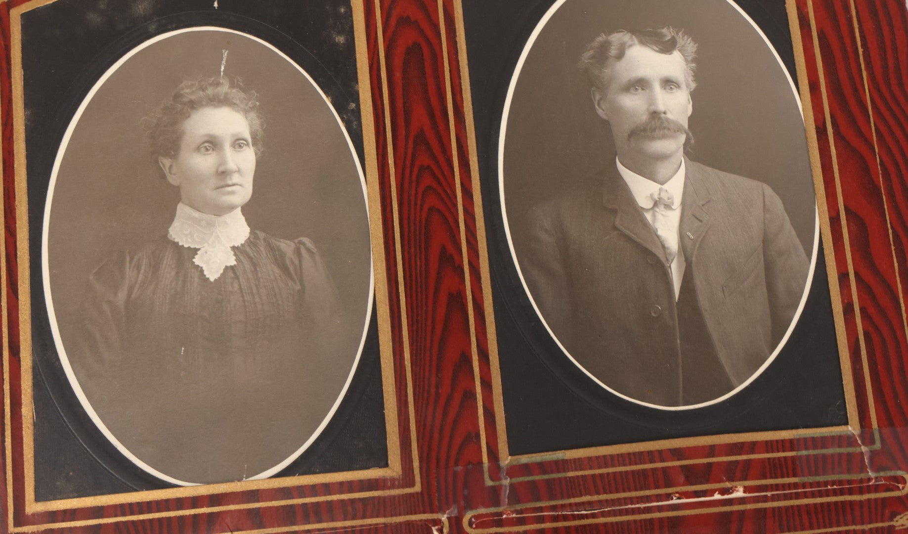 Lot 061 - Antique Victorian Photo Album With Tin Cover And Pressed Brass Anchor "Hope" Motif With Worn Beveled Glass Mirror, And Green Velvet Backing Containing 40+ Cabinet Card And Other Photographs