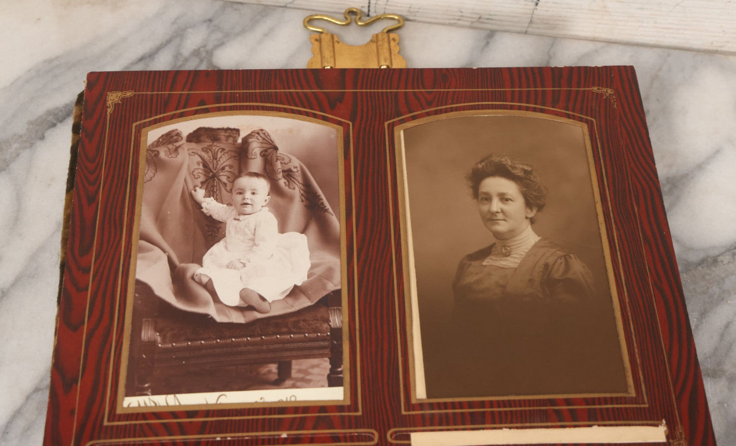 Lot 061 - Antique Victorian Photo Album With Tin Cover And Pressed Brass Anchor "Hope" Motif With Worn Beveled Glass Mirror, And Green Velvet Backing Containing 40+ Cabinet Card And Other Photographs