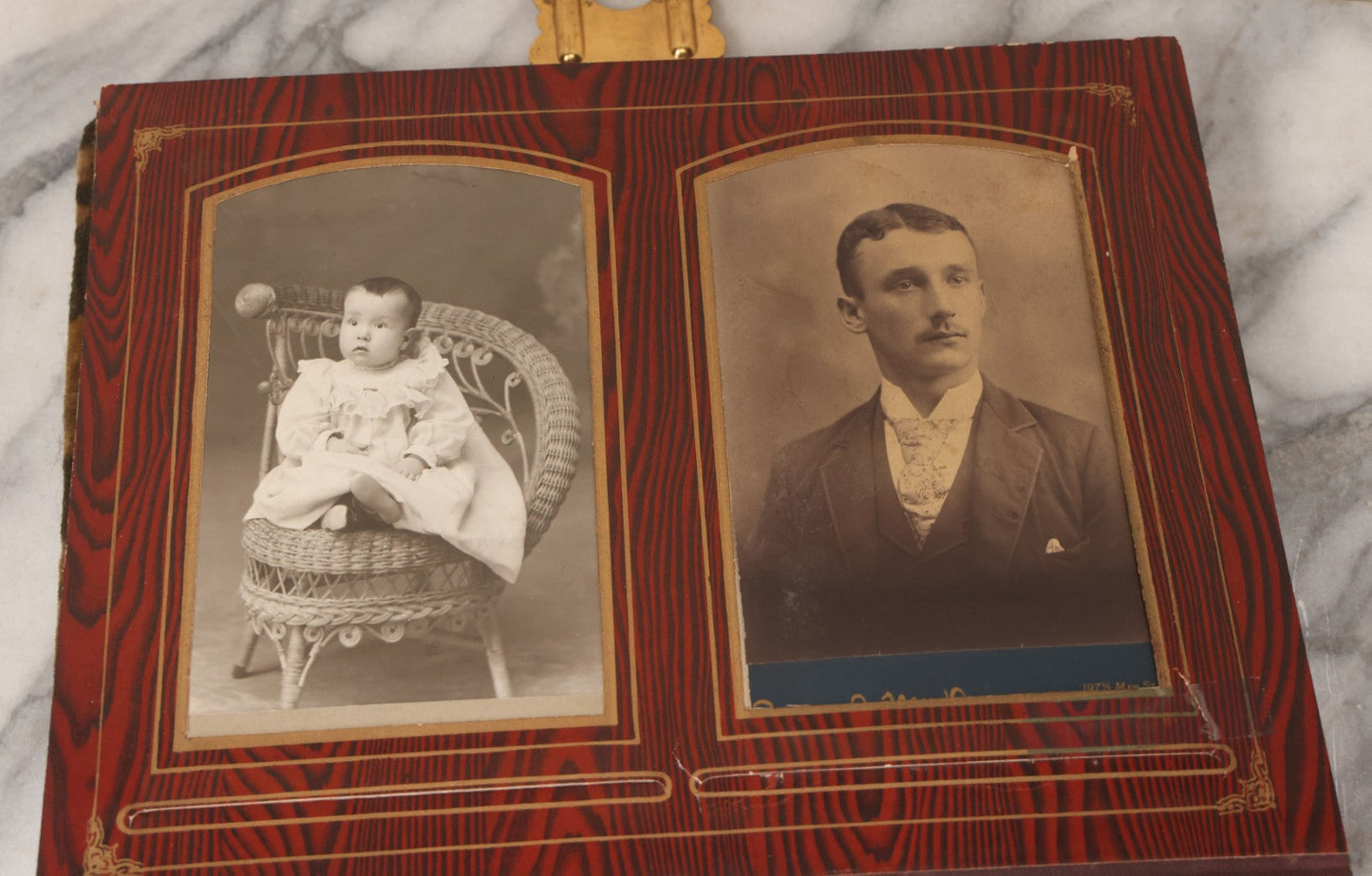 Lot 061 - Antique Victorian Photo Album With Tin Cover And Pressed Brass Anchor "Hope" Motif With Worn Beveled Glass Mirror, And Green Velvet Backing Containing 40+ Cabinet Card And Other Photographs