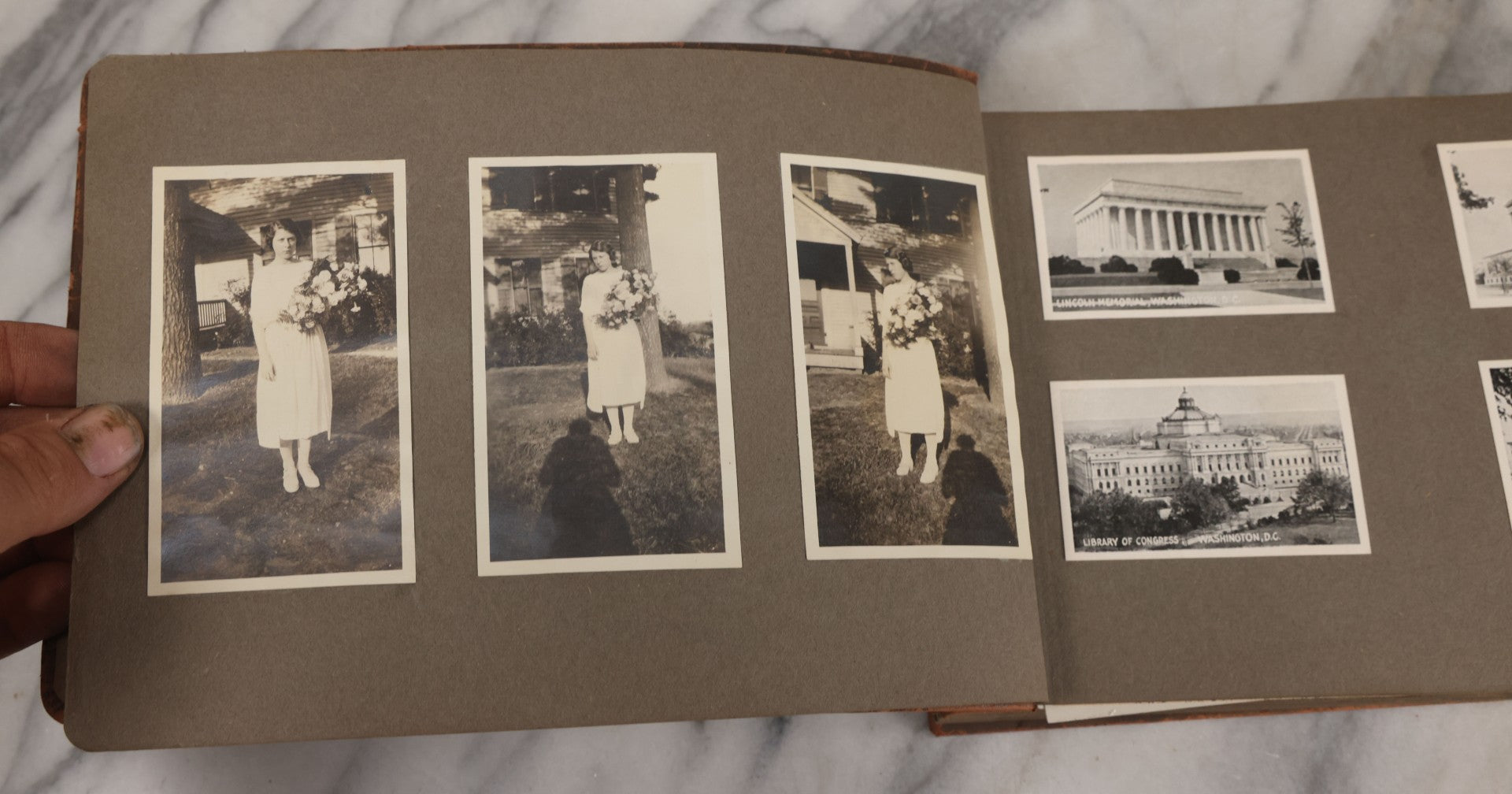 Lot 062 - Vintage Snapshot Photo Album With 125+ Photographs Including Photos Of Spirit Of St. Louis Plane, Redwood Forest, Automobiles, Outings, Comic Wedding Posters, Statue Of Liberty, Beachwear, And More