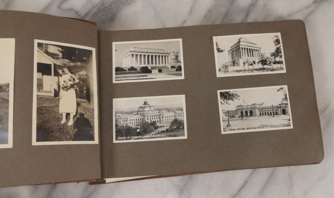 Lot 062 - Vintage Snapshot Photo Album With 125+ Photographs Including Photos Of Spirit Of St. Louis Plane, Redwood Forest, Automobiles, Outings, Comic Wedding Posters, Statue Of Liberty, Beachwear, And More