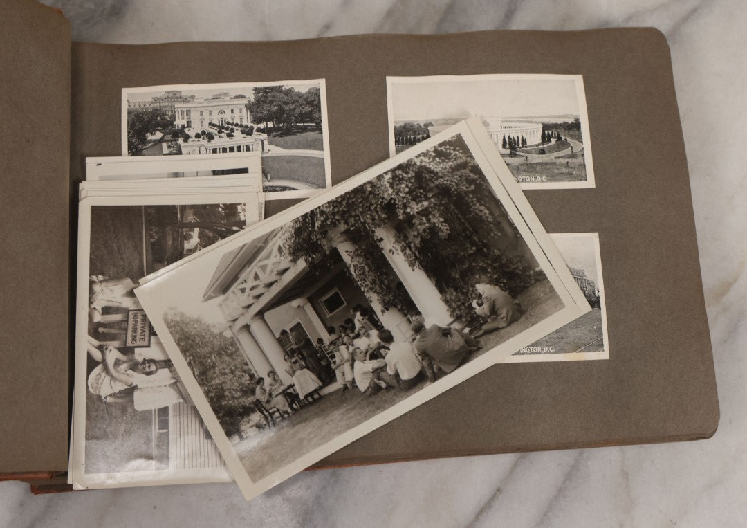 Lot 062 - Vintage Snapshot Photo Album With 125+ Photographs Including Photos Of Spirit Of St. Louis Plane, Redwood Forest, Automobiles, Outings, Comic Wedding Posters, Statue Of Liberty, Beachwear, And More