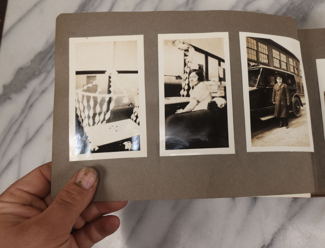 Lot 062 - Vintage Snapshot Photo Album With 125+ Photographs Including Photos Of Spirit Of St. Louis Plane, Redwood Forest, Automobiles, Outings, Comic Wedding Posters, Statue Of Liberty, Beachwear, And More
