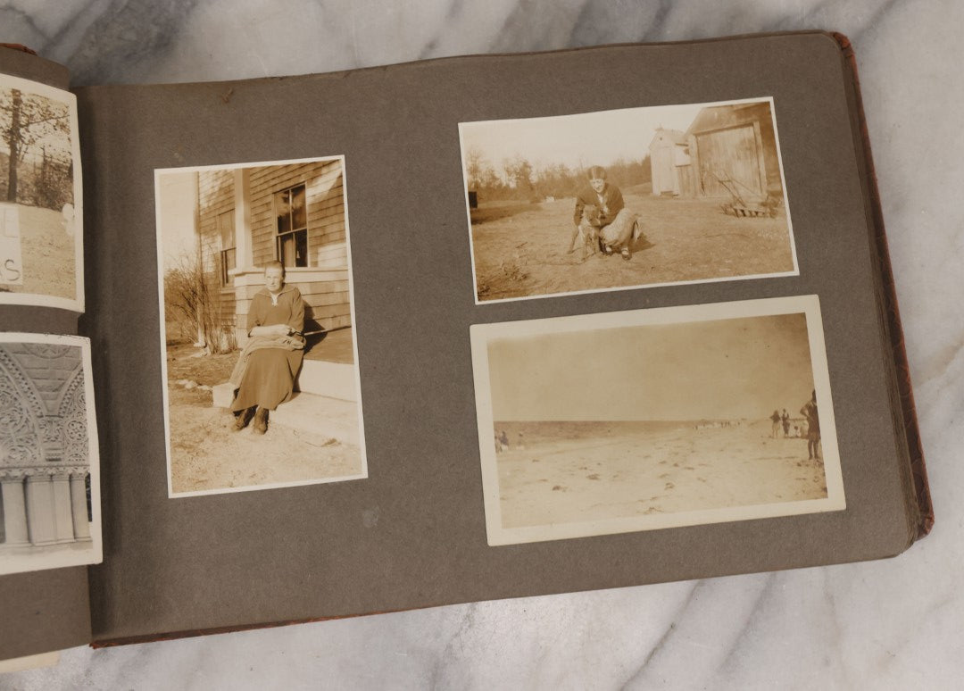 Lot 062 - Vintage Snapshot Photo Album With 125+ Photographs Including Photos Of Spirit Of St. Louis Plane, Redwood Forest, Automobiles, Outings, Comic Wedding Posters, Statue Of Liberty, Beachwear, And More