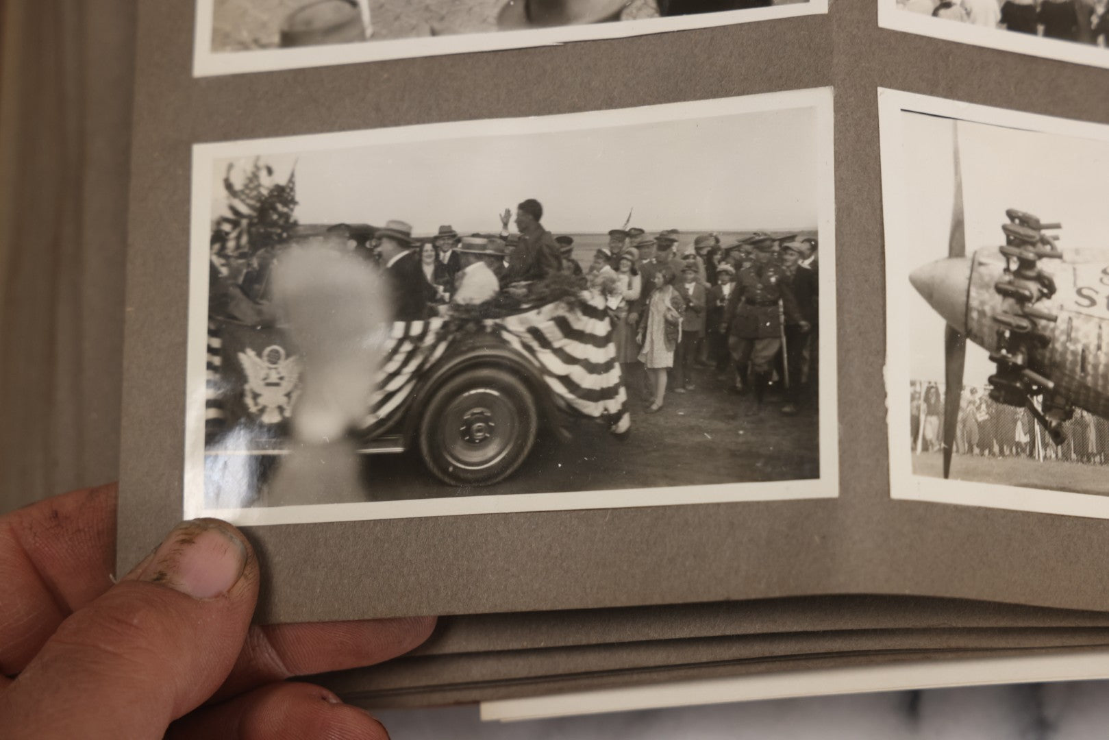 Lot 062 - Vintage Snapshot Photo Album With 125+ Photographs Including Photos Of Spirit Of St. Louis Plane, Redwood Forest, Automobiles, Outings, Comic Wedding Posters, Statue Of Liberty, Beachwear, And More