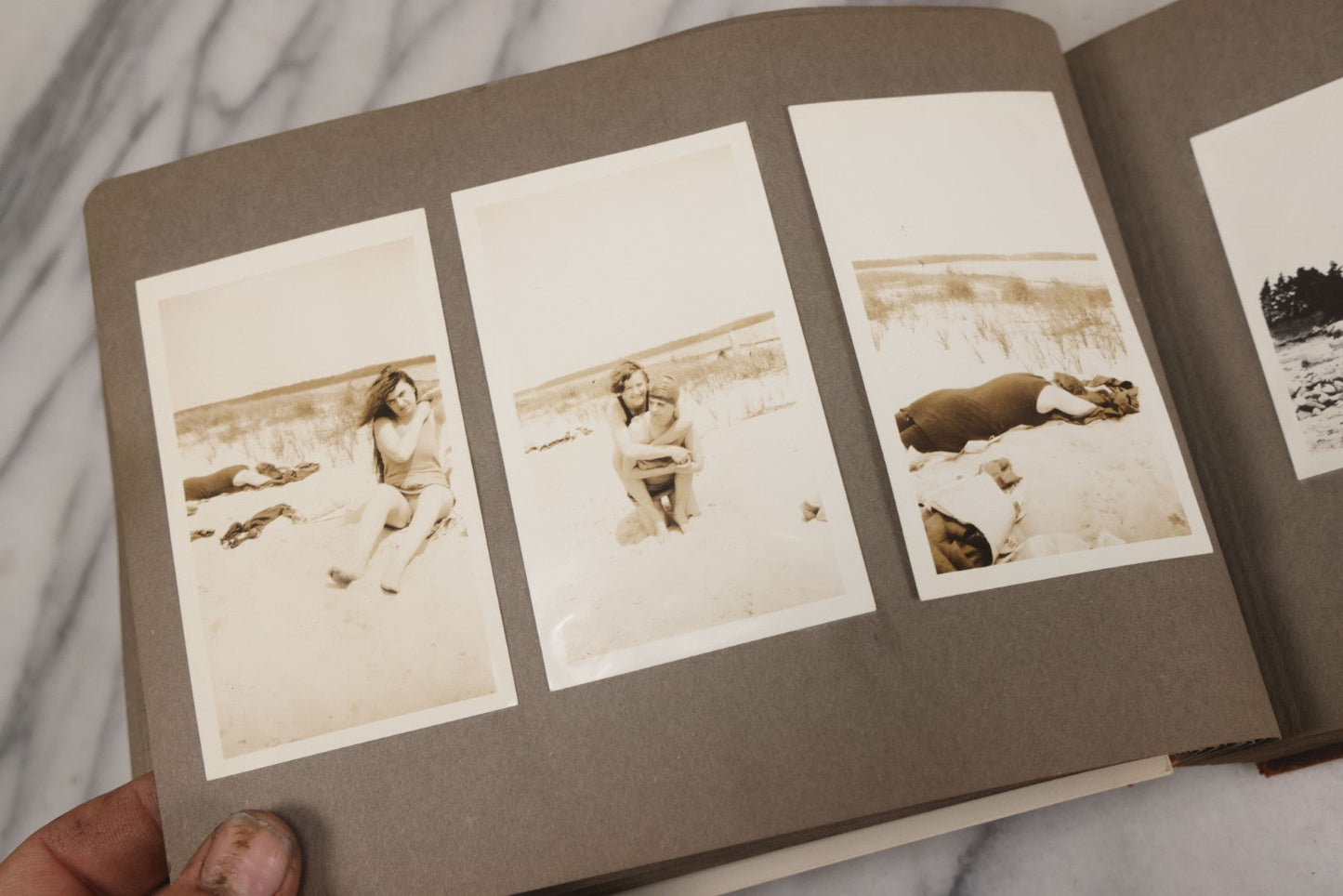 Lot 062 - Vintage Snapshot Photo Album With 125+ Photographs Including Photos Of Spirit Of St. Louis Plane, Redwood Forest, Automobiles, Outings, Comic Wedding Posters, Statue Of Liberty, Beachwear, And More