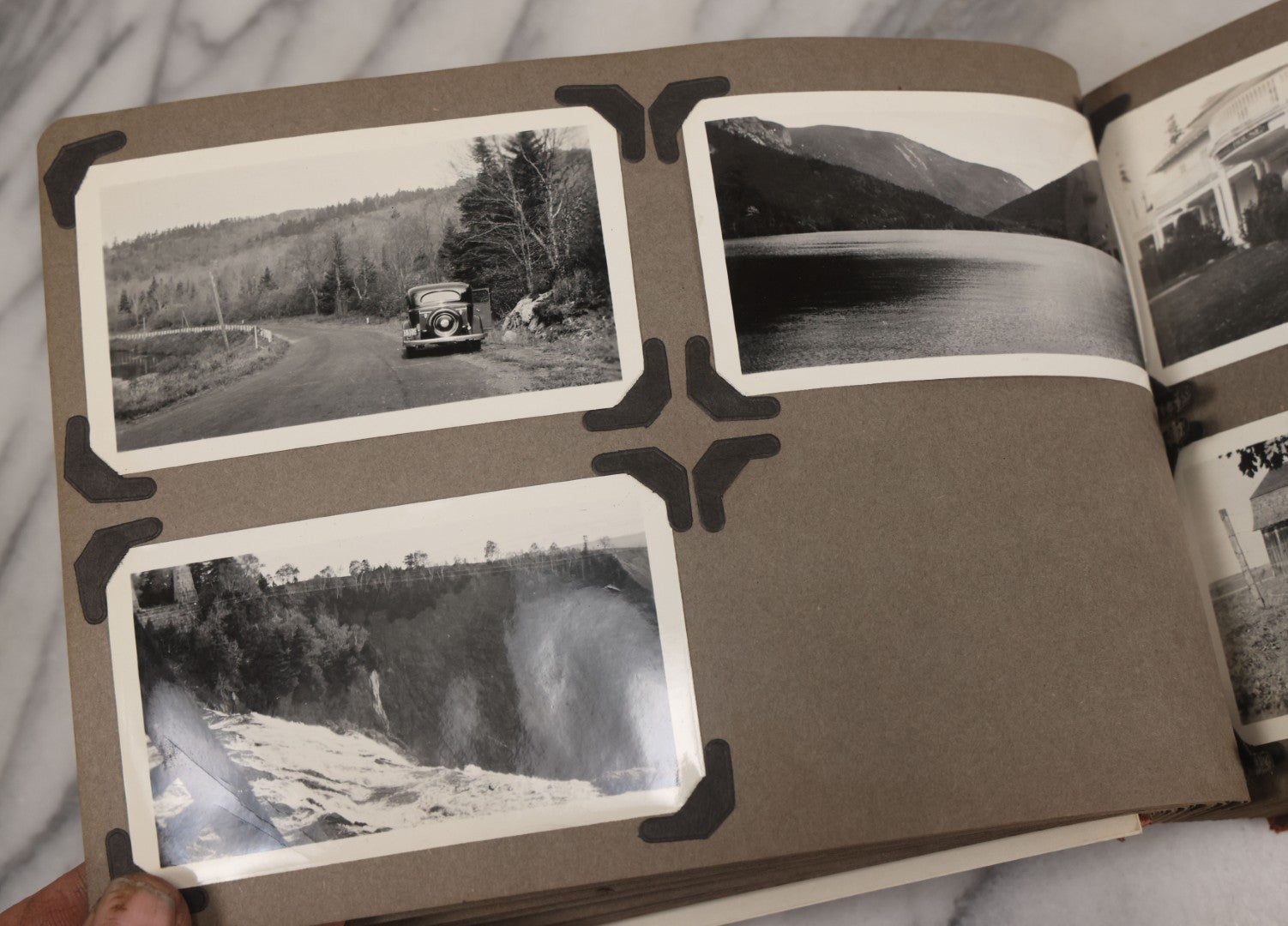 Lot 062 - Vintage Snapshot Photo Album With 125+ Photographs Including Photos Of Spirit Of St. Louis Plane, Redwood Forest, Automobiles, Outings, Comic Wedding Posters, Statue Of Liberty, Beachwear, And More