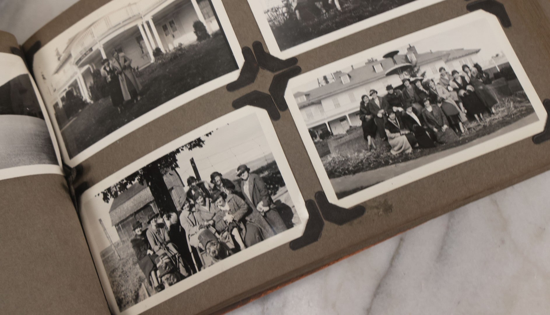 Lot 062 - Vintage Snapshot Photo Album With 125+ Photographs Including Photos Of Spirit Of St. Louis Plane, Redwood Forest, Automobiles, Outings, Comic Wedding Posters, Statue Of Liberty, Beachwear, And More