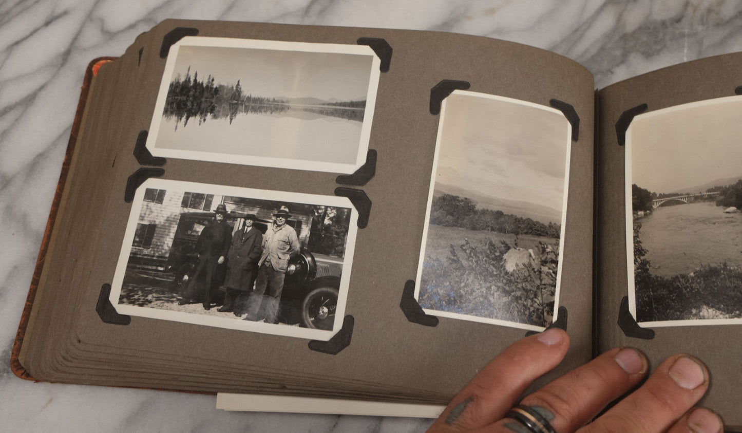 Lot 062 - Vintage Snapshot Photo Album With 125+ Photographs Including Photos Of Spirit Of St. Louis Plane, Redwood Forest, Automobiles, Outings, Comic Wedding Posters, Statue Of Liberty, Beachwear, And More
