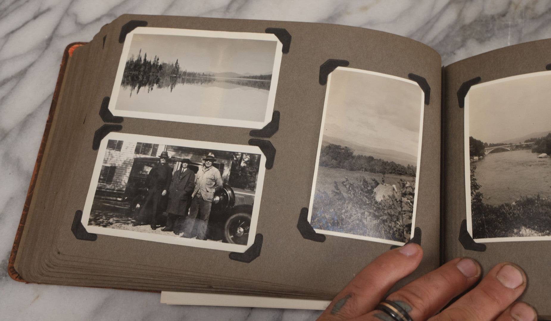 Lot 062 - Vintage Snapshot Photo Album With 125+ Photographs Including Photos Of Spirit Of St. Louis Plane, Redwood Forest, Automobiles, Outings, Comic Wedding Posters, Statue Of Liberty, Beachwear, And More