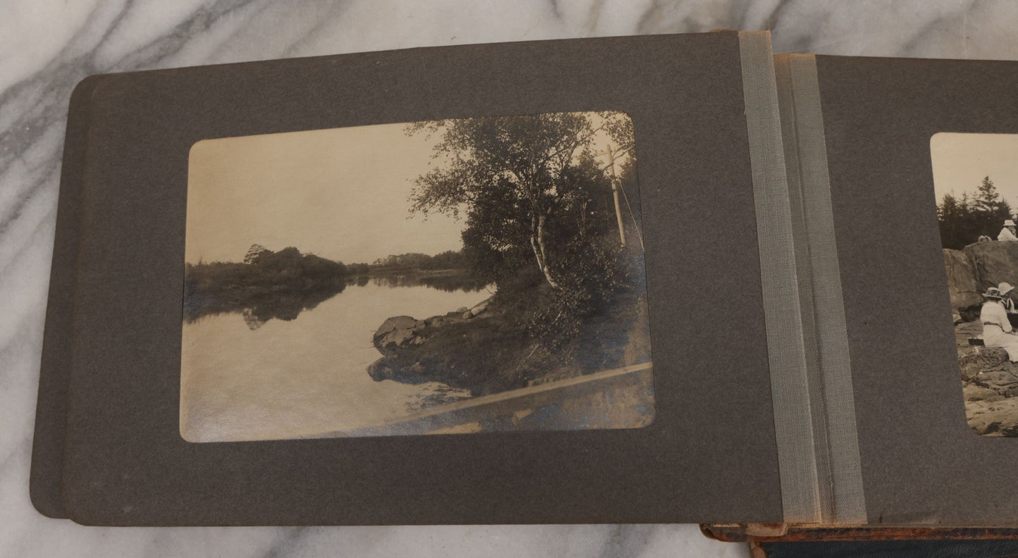 Lot 063 - Antique Snapshot Photo Album With 24 Photographs Of Turn Of The Century Coastal Towns And Farms With Group Photos Of Beach And Other Outings, Likely Maine, New England, Note Cover Detached