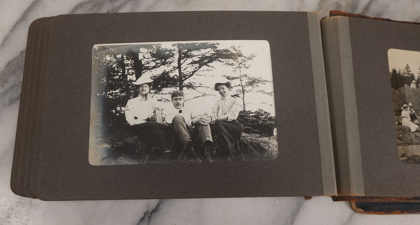 Lot 063 - Antique Snapshot Photo Album With 24 Photographs Of Turn Of The Century Coastal Towns And Farms With Group Photos Of Beach And Other Outings, Likely Maine, New England, Note Cover Detached