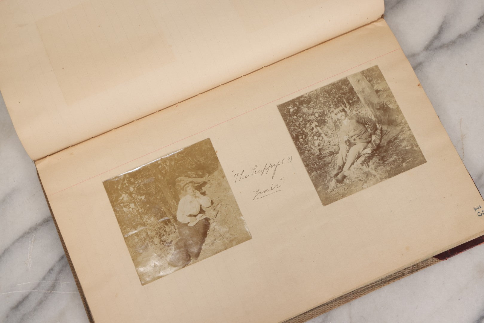 Lot 064 - Antique Snapshot Photo Album Scrapbook Contained In A Record Ledger With 40+ Photos And Scraps, With Handwritten Enscriptions, Including Interior Photos, Outdoor Photos, And More, Circa 1900, Hand Drawn Flower Scraps