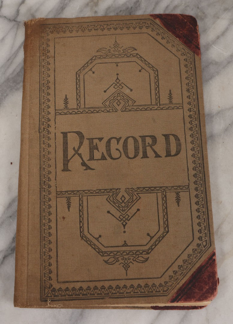 Lot 064 - Antique Snapshot Photo Album Scrapbook Contained In A Record Ledger With 40+ Photos And Scraps, With Handwritten Enscriptions, Including Interior Photos, Outdoor Photos, And More, Circa 1900, Hand Drawn Flower Scraps