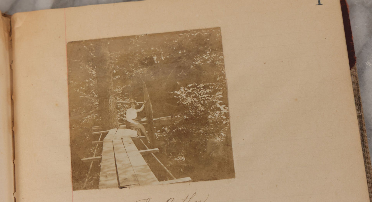 Lot 064 - Antique Snapshot Photo Album Scrapbook Contained In A Record Ledger With 40+ Photos And Scraps, With Handwritten Enscriptions, Including Interior Photos, Outdoor Photos, And More, Circa 1900, Hand Drawn Flower Scraps