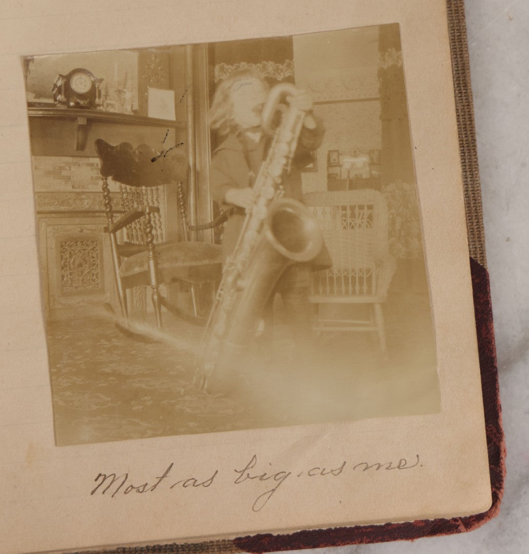 Lot 064 - Antique Snapshot Photo Album Scrapbook Contained In A Record Ledger With 40+ Photos And Scraps, With Handwritten Enscriptions, Including Interior Photos, Outdoor Photos, And More, Circa 1900, Hand Drawn Flower Scraps