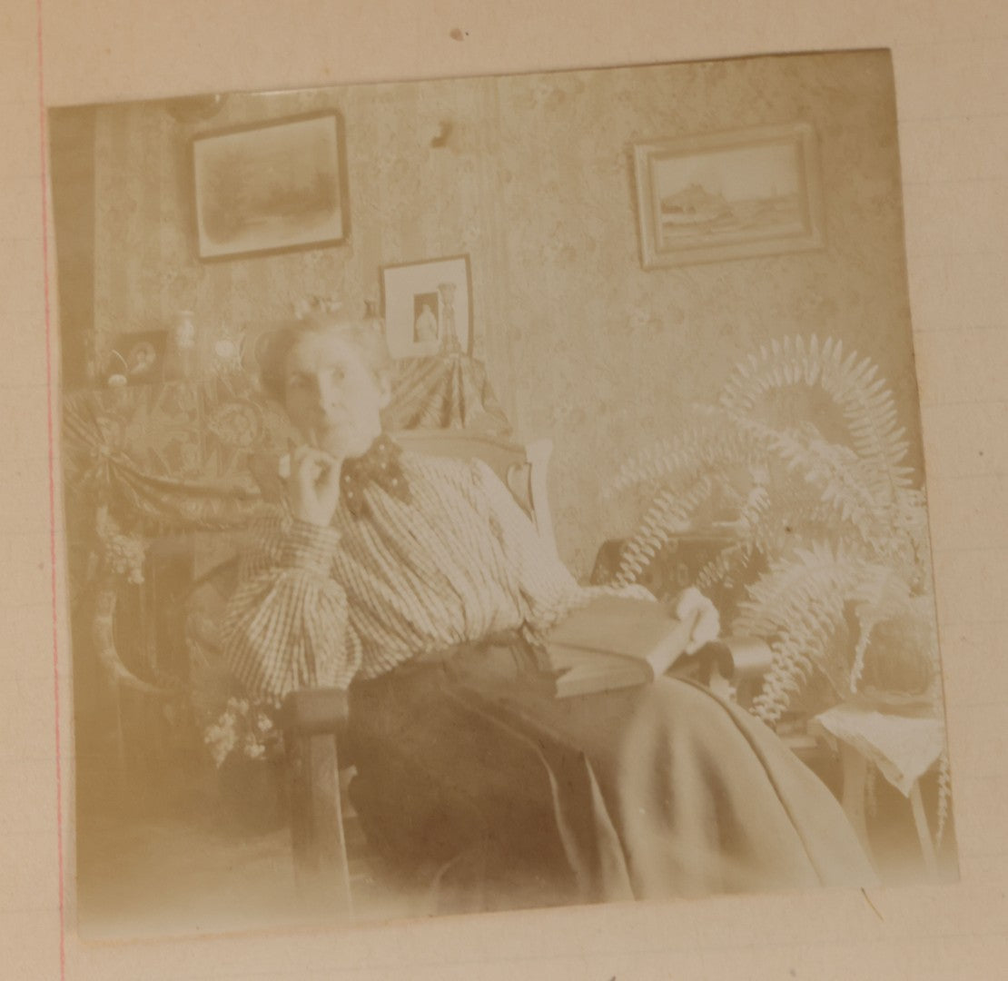Lot 064 - Antique Snapshot Photo Album Scrapbook Contained In A Record Ledger With 40+ Photos And Scraps, With Handwritten Enscriptions, Including Interior Photos, Outdoor Photos, And More, Circa 1900, Hand Drawn Flower Scraps
