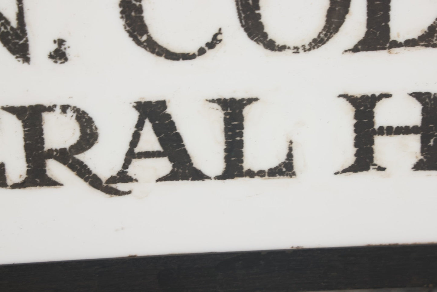 Lot 001 - Vintage Hand Painted Sign For "H.N. Colby Funeral Home" Lawrence, Massachusetts, In Metal Frame With Brackets, Painted On Vitrolite "Better Than Marble Composite Material," Circa 1940s, 25-5/8" L x 8-1/2" H