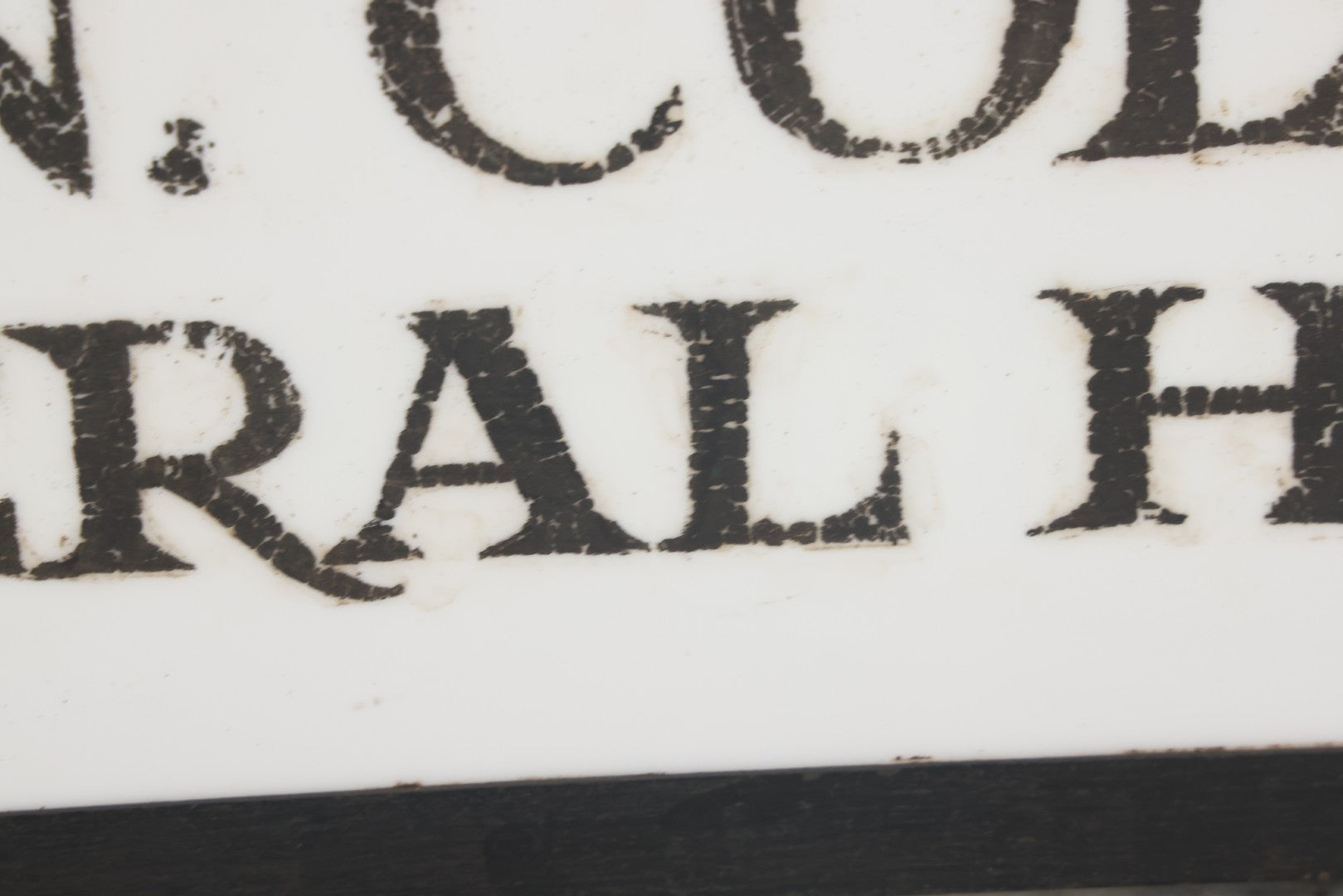 Lot 001 - Vintage Hand Painted Sign For "H.N. Colby Funeral Home" Lawrence, Massachusetts, In Metal Frame With Brackets, Painted On Vitrolite "Better Than Marble Composite Material," Circa 1940s, 25-5/8" L x 8-1/2" H