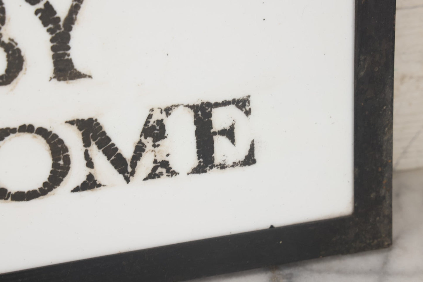 Lot 001 - Vintage Hand Painted Sign For "H.N. Colby Funeral Home" Lawrence, Massachusetts, In Metal Frame With Brackets, Painted On Vitrolite "Better Than Marble Composite Material," Circa 1940s, 25-5/8" L x 8-1/2" H