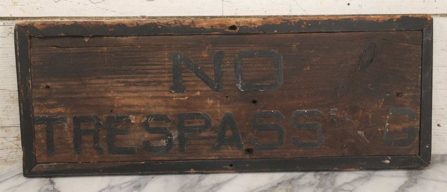 Lot 002 - Antique Carved And Painted "No Trespassing" Wood Sign With Raised Letters And Black Paint, Original Wear As Seen, 22-7/8" W x 8-5/6"H