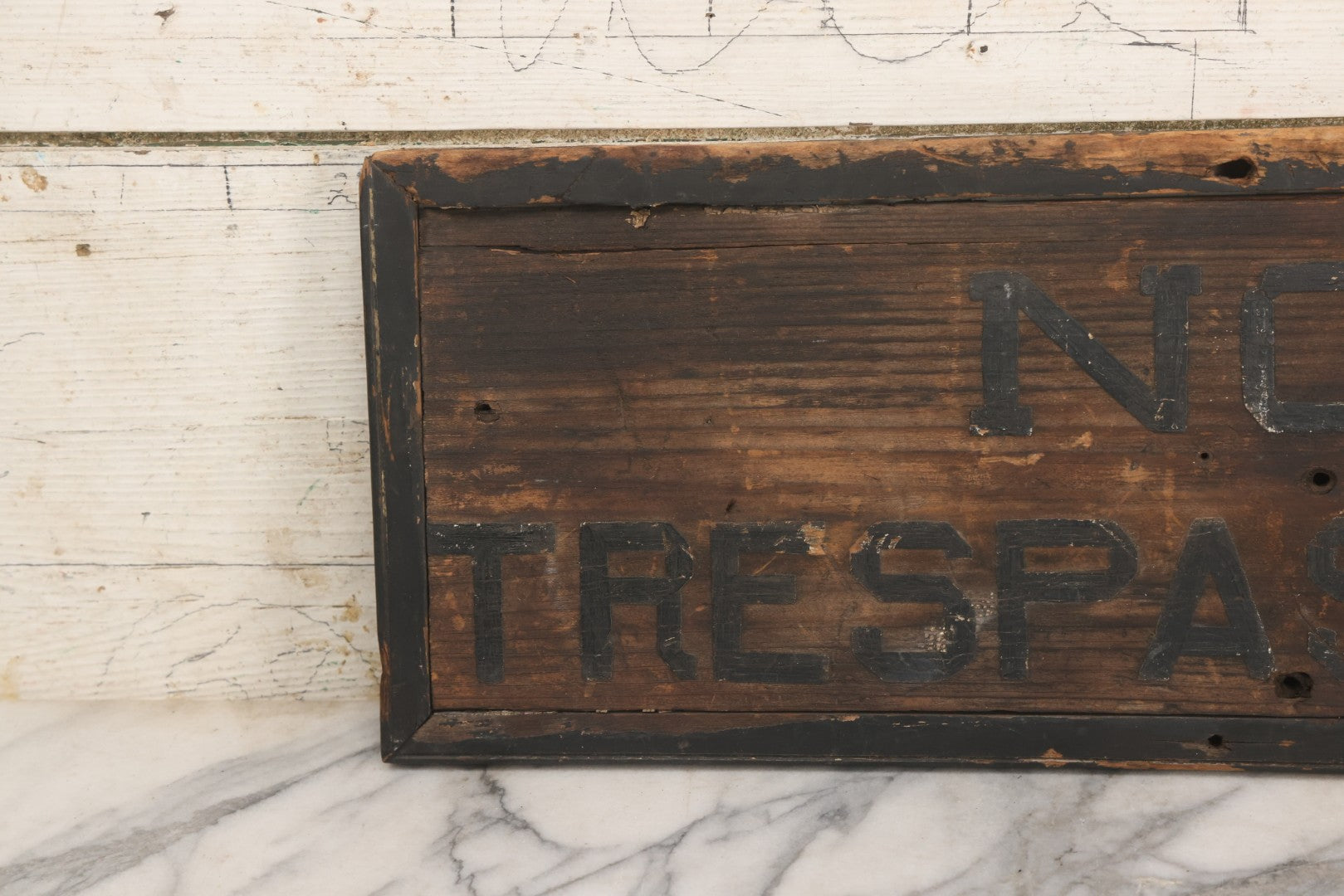 Lot 002 - Antique Carved And Painted "No Trespassing" Wood Sign With Raised Letters And Black Paint, Original Wear As Seen, 22-7/8" W x 8-5/6"H