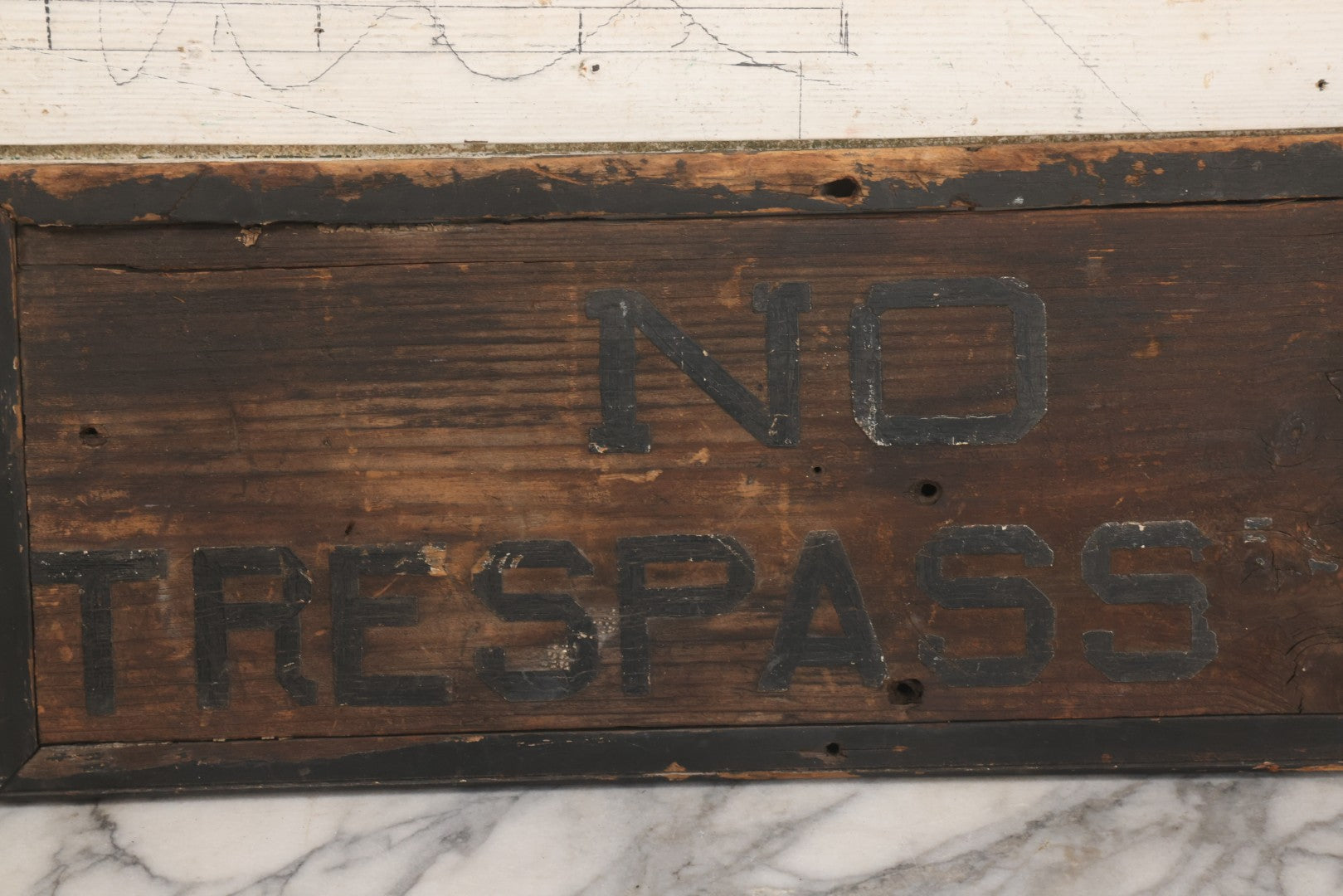 Lot 002 - Antique Carved And Painted "No Trespassing" Wood Sign With Raised Letters And Black Paint, Original Wear As Seen, 22-7/8" W x 8-5/6"H