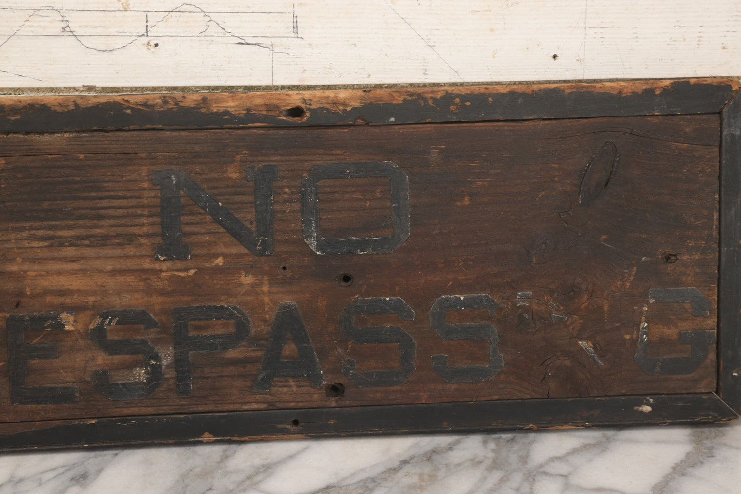 Lot 002 - Antique Carved And Painted "No Trespassing" Wood Sign With Raised Letters And Black Paint, Original Wear As Seen, 22-7/8" W x 8-5/6"H