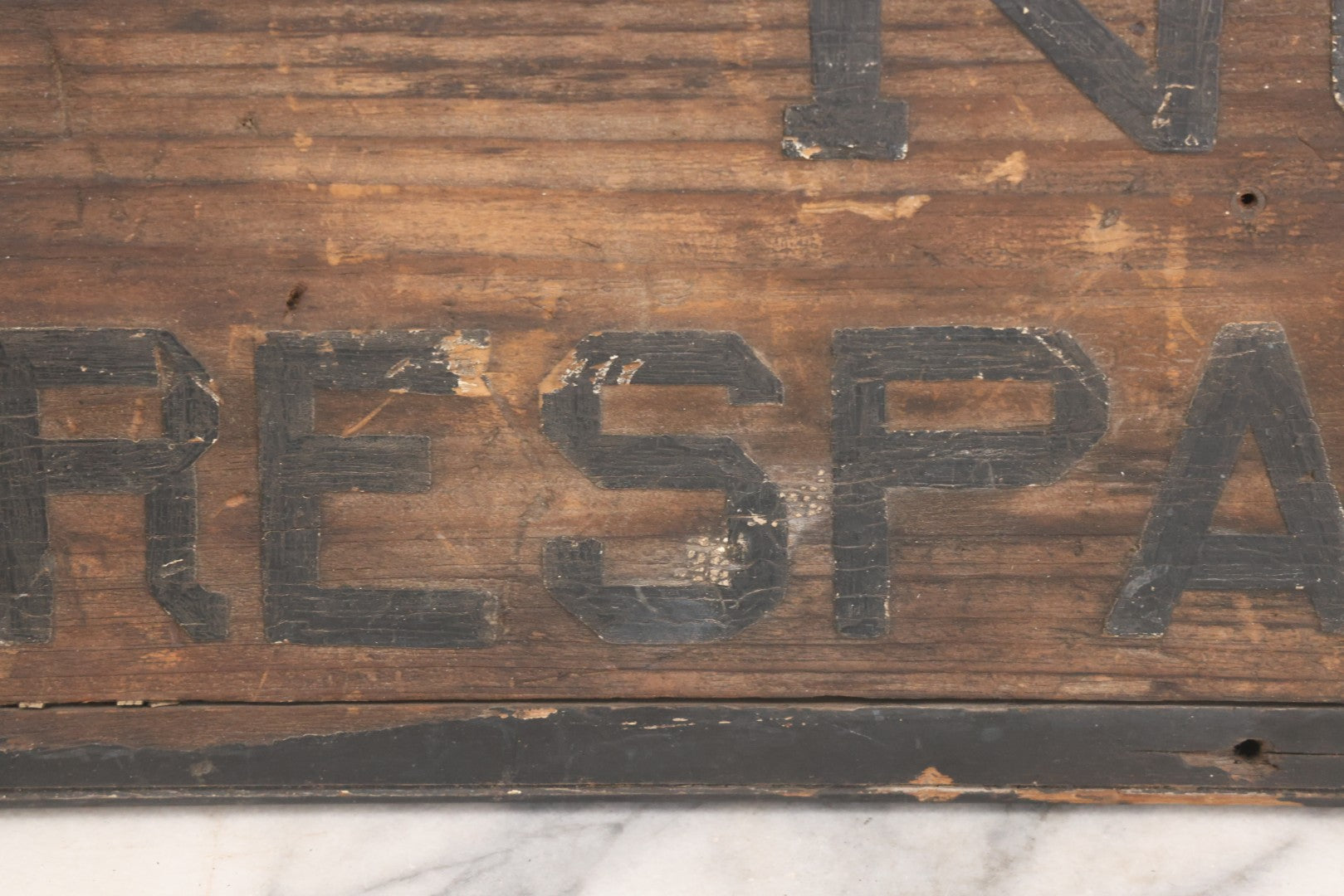 Lot 002 - Antique Carved And Painted "No Trespassing" Wood Sign With Raised Letters And Black Paint, Original Wear As Seen, 22-7/8" W x 8-5/6"H