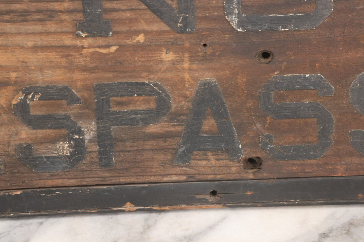 Lot 002 - Antique Carved And Painted "No Trespassing" Wood Sign With Raised Letters And Black Paint, Original Wear As Seen, 22-7/8" W x 8-5/6"H