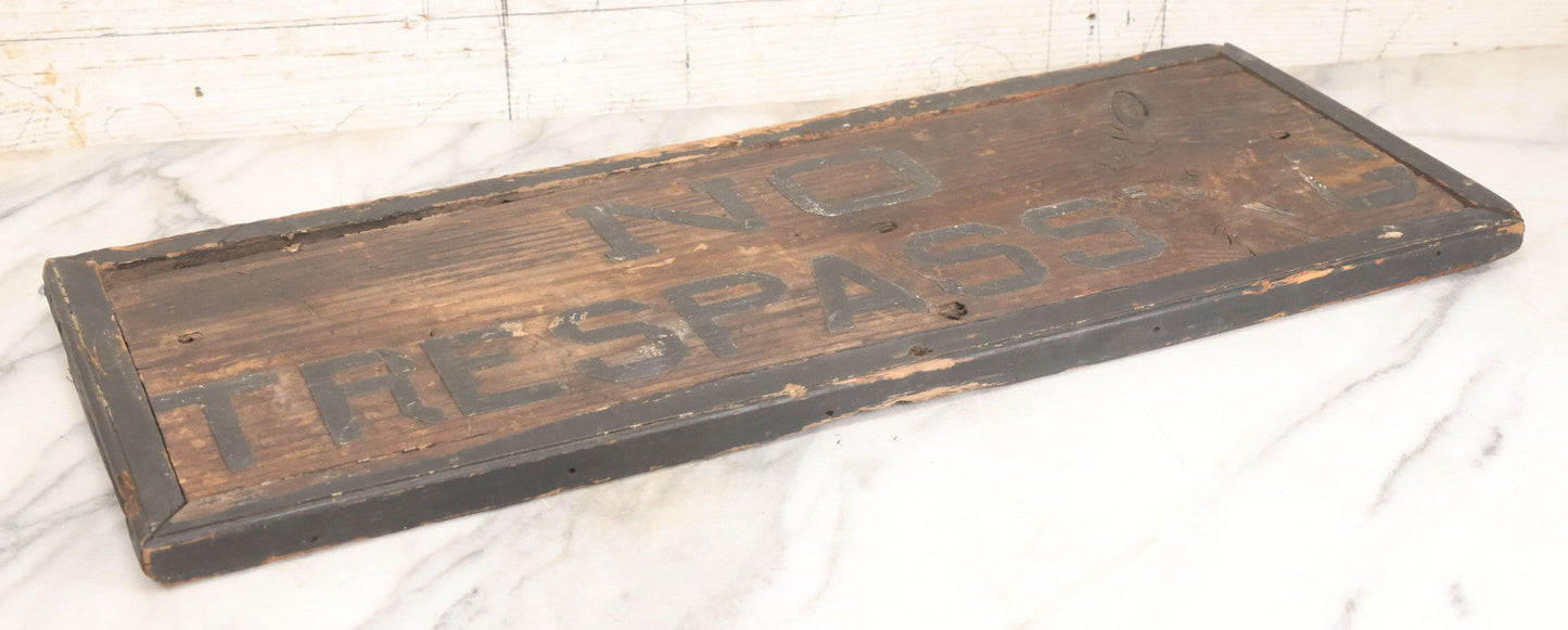 Lot 002 - Antique Carved And Painted "No Trespassing" Wood Sign With Raised Letters And Black Paint, Original Wear As Seen, 22-7/8" W x 8-5/6"H
