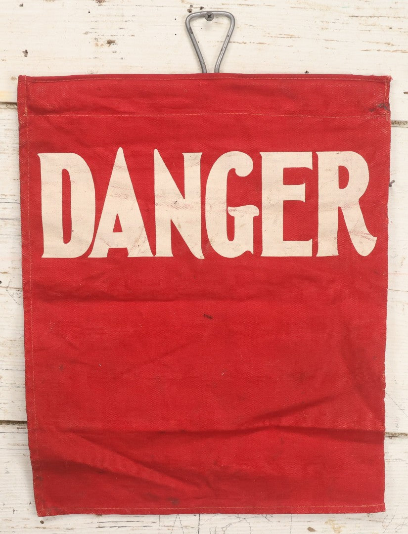 Lot 003 - Vintage Printed Red Fabric "Danger" Warning Flag Banner With Metal Wire Hanger, 13" W x 16-5/8" H