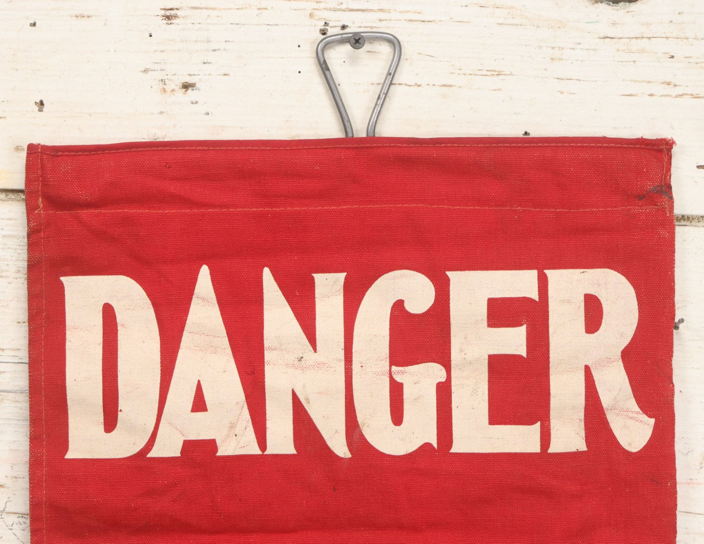 Lot 003 - Vintage Printed Red Fabric "Danger" Warning Flag Banner With Metal Wire Hanger, 13" W x 16-5/8" H