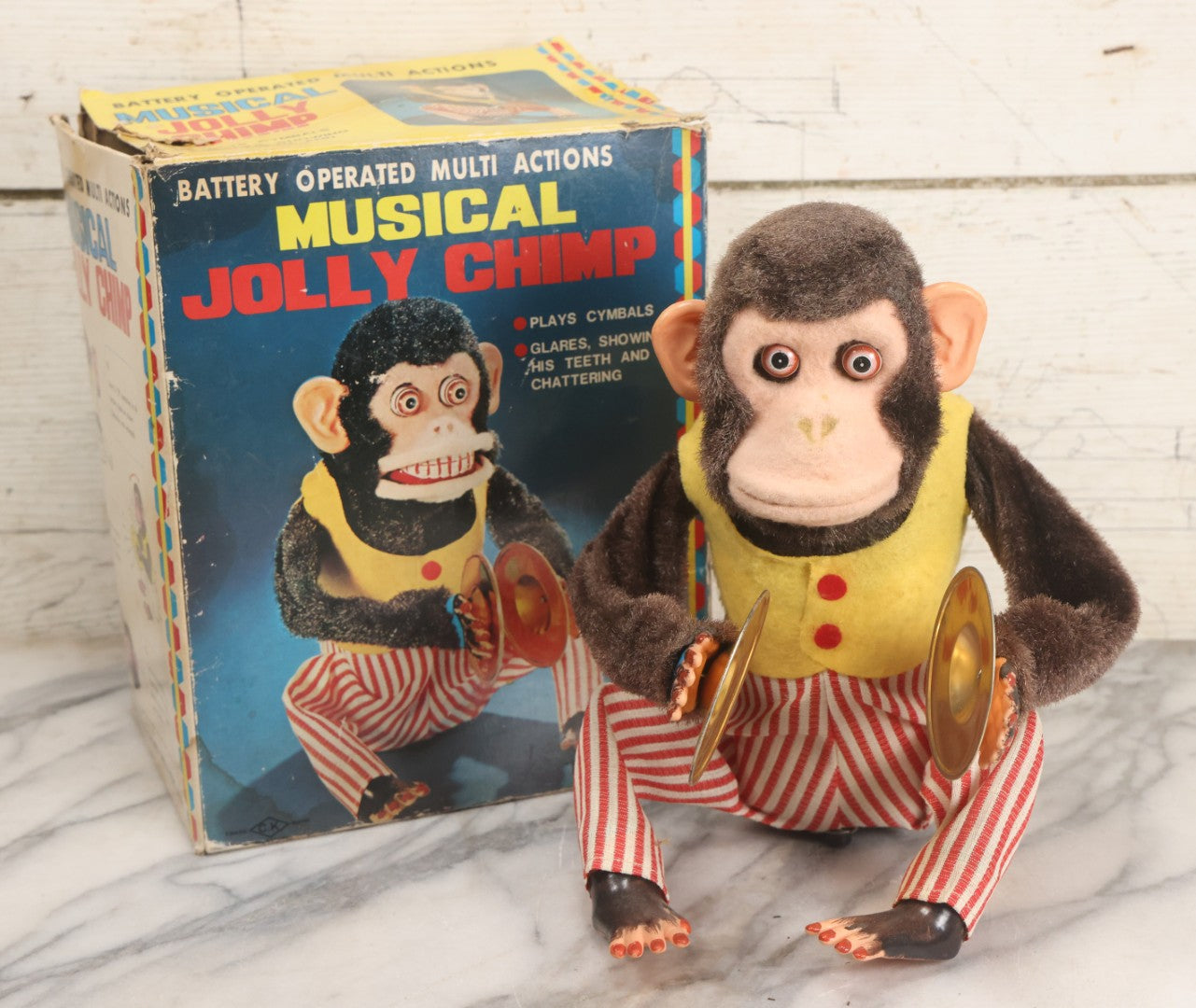 Lot 004 - Vintage Battery Operated Musical Jolly Chimp Animated Toy, Working Condition, Plays Cymbals, Glares And Shows Teeth, In Original Box, Manufactured By Daishin, No. 4910, Made In Japan