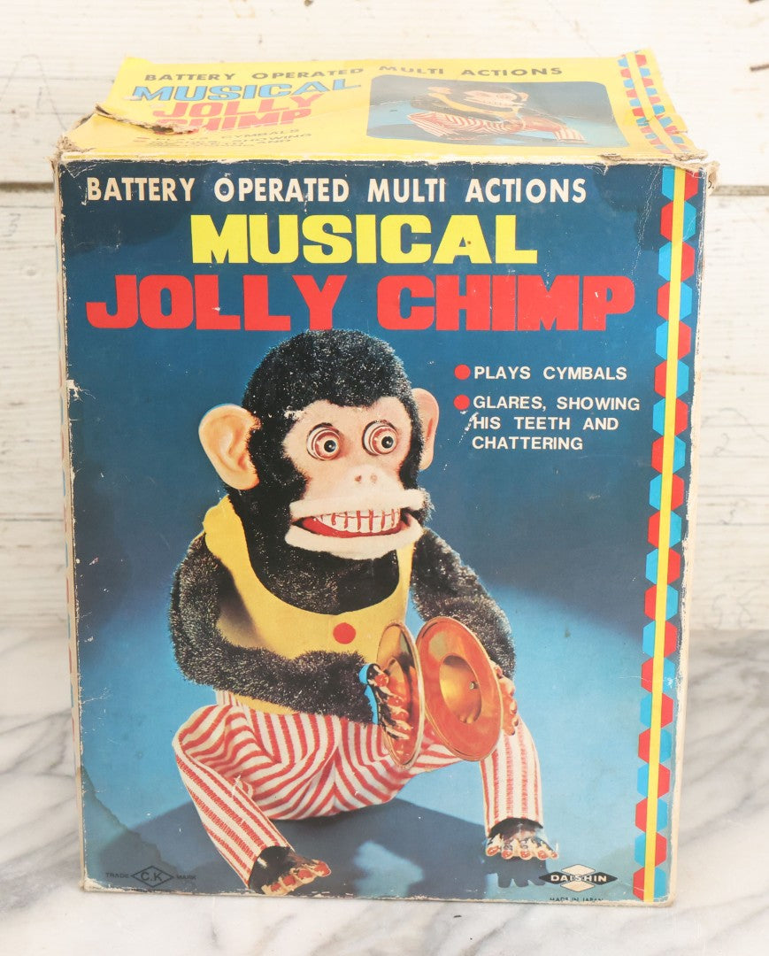 Lot 004 - Vintage Battery Operated Musical Jolly Chimp Animated Toy, Working Condition, Plays Cymbals, Glares And Shows Teeth, In Original Box, Manufactured By Daishin, No. 4910, Made In Japan